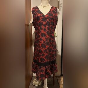 Playful Sleeveless Sheath Dress Red Floral Ruffled Hem With Bow Accent Size 10